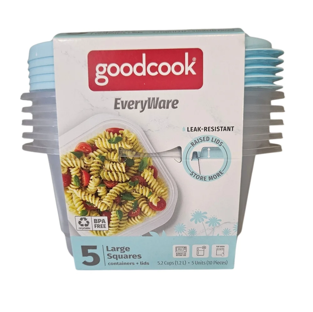 GoodCook EveryWare | Large Square Containers with Blue Lids | 5 count - Picture 1 of 4